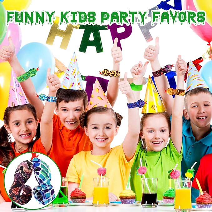 16Pcs Snake Slap Bracelets, Reptile Party Favors Snake Snap Bracelet Fuzzy Animal Slap on Bracelet for Kids Reptile Birthday Party Supplies Christmas Gifts