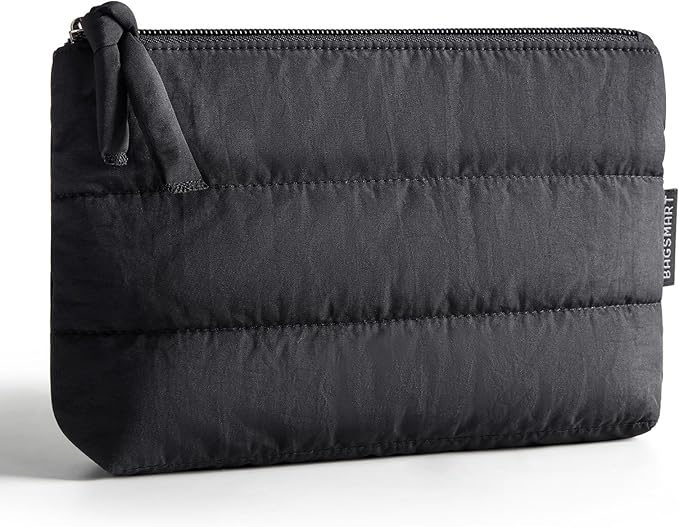 BAGSMART Small Makeup Bag, Puffy Portable Cosmetic Pouch with Charm Zipper, Water-Resistant Travel Organizer for Women (Black, Small)