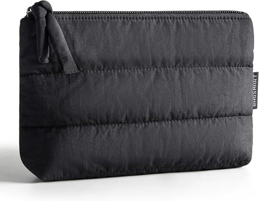 BAGSMART Small Makeup Bag, Puffy Portable Cosmetic Pouch with Charm Zipper, Water-Resistant Travel Organizer for Women (Black, Small)