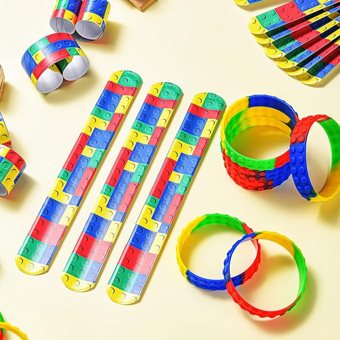 Civaner 48 Pieces Building Blocks Party Favors Building Block Slap Bracelets Silicone Wristband Color Brick Party Slap Bracelet Building Blocks Bracelets for Colorful Birthday Party Favors