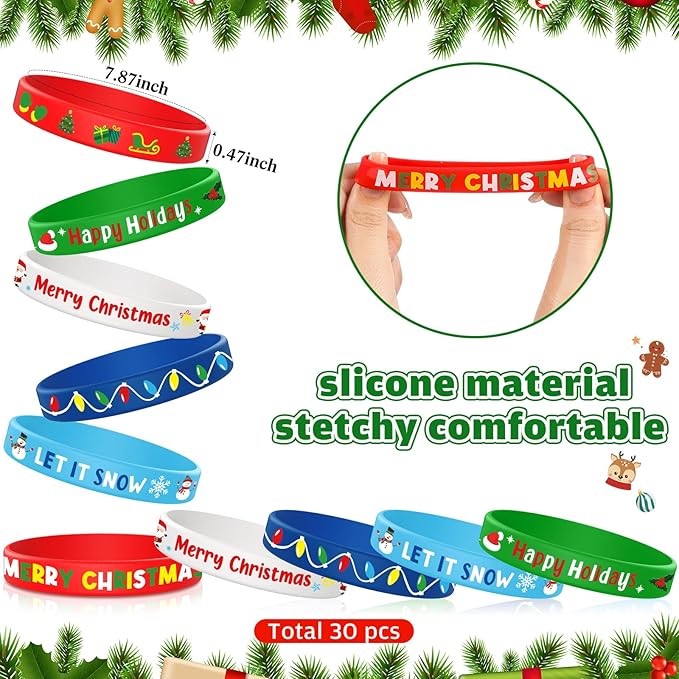Capoda 60 Pieces Christmas Party Favors Christmas Silicone Bracelet Christmas Slap Wristbands Christmas Rubber Wristbands Xmas Slap Bracelets for Xmas Party Favors Stocking Stuffers Classroom Gifts