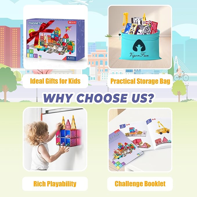 Magnetic Tiles Road Set with Car Crane and Toy Figurine, Construction Tiles Building Blocks Set for Kids Birthday Gifts, Educational STEM Sensory Toys for 3 4 5 6 7 8+ Year Old Toddlers Boys Girls