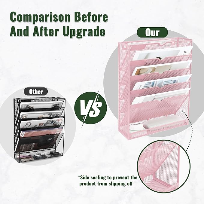 EASEPRES 6 Tier Mesh Hanging Wall File Organizer, Desk Vertical Mail Paper Document Folder Holder Rack with Bottom Tray and Nametag Label for Office Home School, Pink