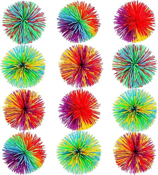 Leinuosen 12 Pieces Monkey Stringy Balls Sensory Stringy Ball Soft Rainbow Pom Bouncy Stress Balls Bags Stuffers Party Favors Birthday Gifts, Multicolor (2.75 Inch)