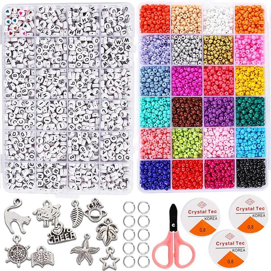 Goody King Jewelry Making Kit Beads for Bracelets - 5000+pcs Bead Craft Kit Set, Glass Pony Seed Letter Alphabet DIY Art and Craft - Gift for Her Women Kid Age 6 7 8 9 (4mm)