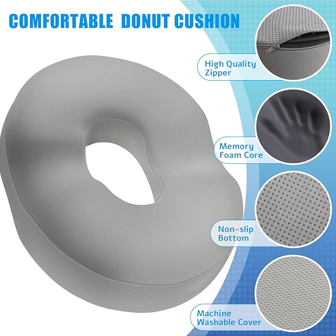 BlissTrends Donut Pillow Seat Cushion, Chair Cushions for Postpartum Pregnancy & Hemorrhoids, Tailbone Pain Relief Cushion, Memory Foam Lifting Cushions for Office&Home Chairs (Light Grey, XX-Large)