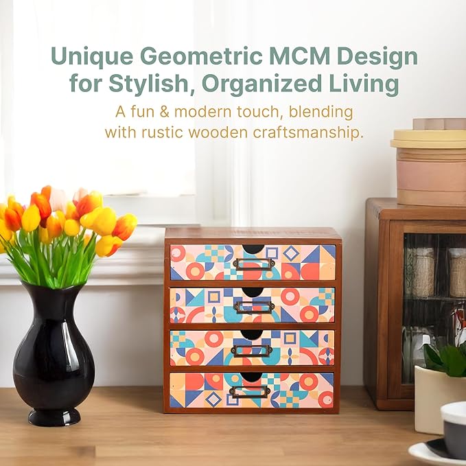 Add Color To Your Desk - MCM Geometric Wooden Desk Organizer - Desktop Storage with 4-Drawer - Wood Cabinet for Office Supplies, Craft Tools, & Home, Countertop, Tabletop Organization