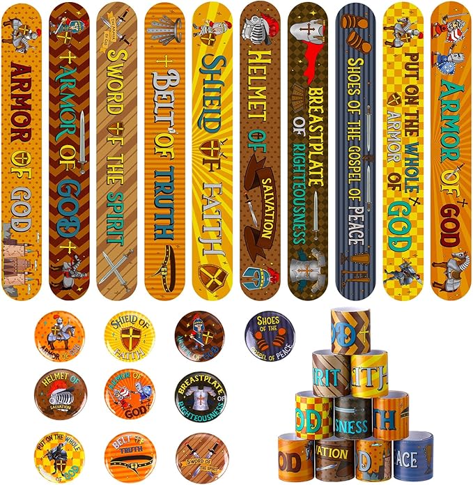 Frienda 60 Pieces Religious Knight Slap Bracelets with Button Pins Medieval Theme Wristbands Snap Bracelets Christian Pinback Buttons for Kids Christian Party Favors Sunday School Gifts