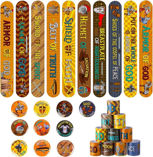 Frienda 60 Pieces Religious Knight Slap Bracelets with Button Pins Medieval Theme Wristbands Snap Bracelets Christian Pinback Buttons for Kids Christian Party Favors Sunday School Gifts