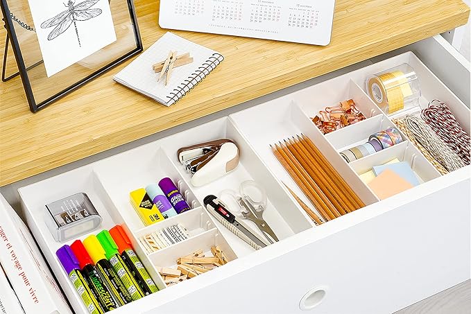 CAXXA 2PK - 3 Slot Drawer Organizer with Two Adjustable Dividers - 5 Compartments Drawer Storage Junk Drawer Organizer for Office Desk Supplies and Accessories, White