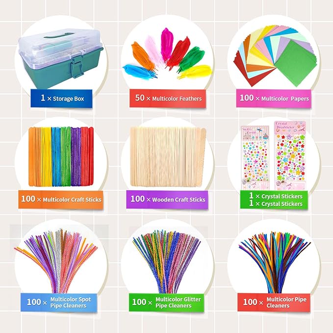1405 Pcs Art and Craft Supplies for Boys and Girls, Toddler DIY Craft Art Supply Set Included Pipe Cleaners, Pom Poms, Feather, Folding Storage Box - All in One for Craft DIY Art Supplies(Green Box)