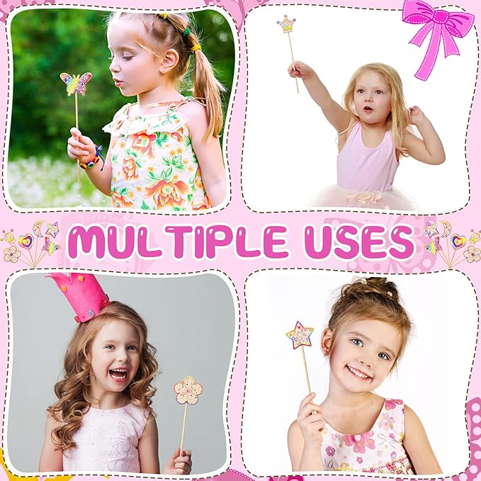 42 Pcs Princess Fairy Wands Kit, Include 36 Pcs Wooden Unfinished Wand DIY Princess Wand with 6 Sheet Colorful Diamond Sticker for Girls Make Your Own Princess Wand, Cosplay Costume Party Favor