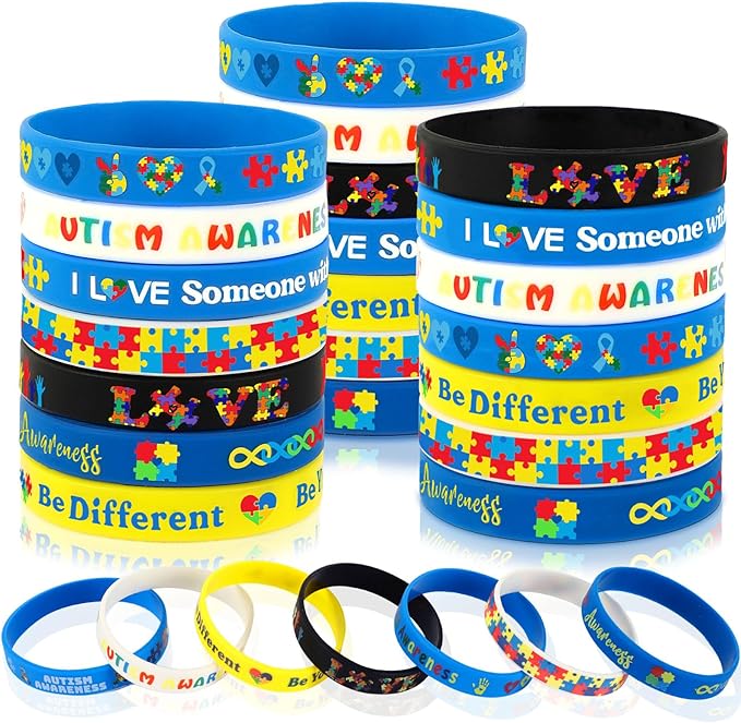 JUNEBRUSHS 42pcs Autism Awareness Silicone Bracelets Colorful Puzzle Pieces Inspirational Rubber Wristbands Accessories for Kids Adults Autism Awareness Party Decorations Gift Supplies (7 Designs)