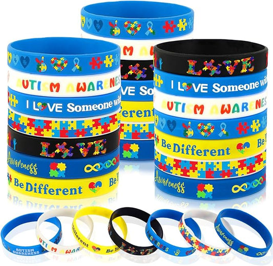 JUNEBRUSHS 42pcs Autism Awareness Silicone Bracelets Colorful Puzzle Pieces Inspirational Rubber Wristbands Accessories for Kids Adults Autism Awareness Party Decorations Gift Supplies (7 Designs)