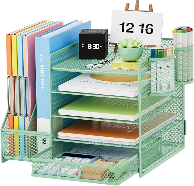Marbrasse Desk Organizer with File Holder, 5-Tier Paper Letter Tray Organizer with Drawer and 2 Pen Holder, Mesh Desktop Organizer and Storage with Magazine Holder for Office Supplies (Green)