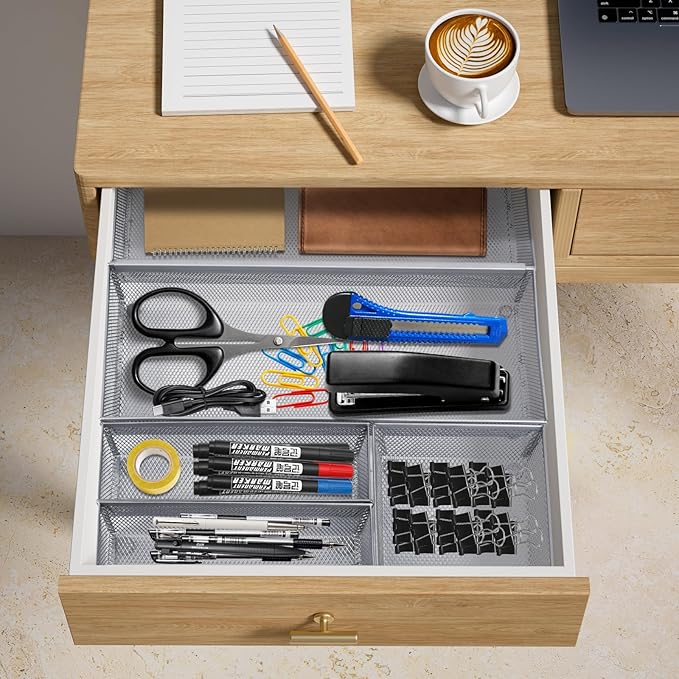 Neudeco Silverware Drawer Organizer,Utensil Organizer for Kitchen Drawer Organizer for Large Utensils with Interlocking Arm, Silverware Storage Cutlery Tray for Knives Fork Spoon (Pack 5, Silver)