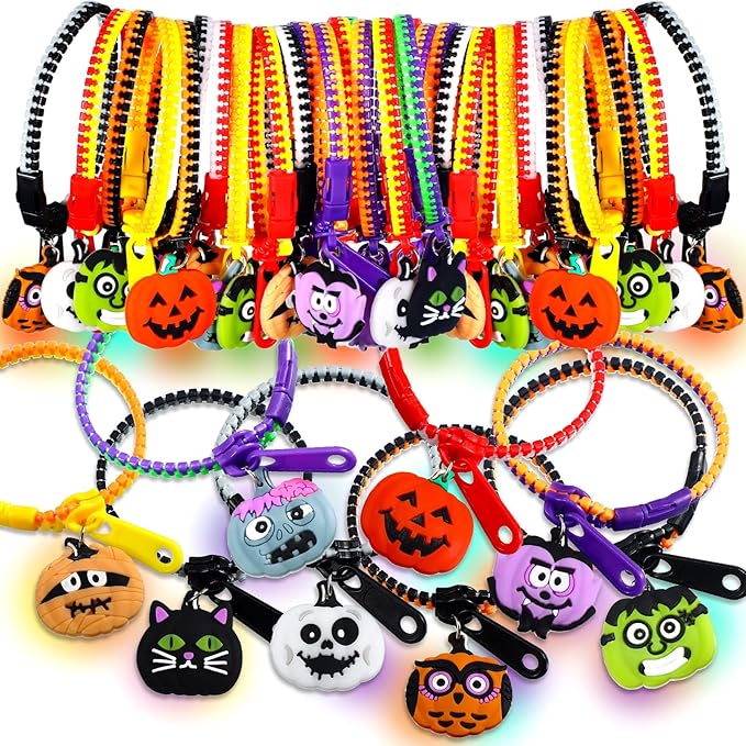 Capoda Halloween Party Favor Zipper Bracelets Bulk Trick or Treat Bracelets Halloween Bracelets Set Halloween Party Favor Wristbands for Girls Halloween Goodie Bag Fillers Party Favors(32 Pcs)