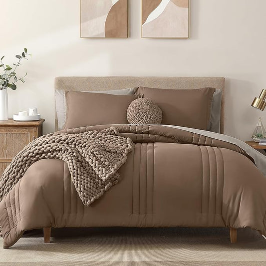 Monbix King Size Comforter Set - 7 Pieces Bed in a Bag King, Raw Umber Bedding Sets with Comforter, All Seasons Comforter Bed Set with Sheets, Pillowcases & Shams