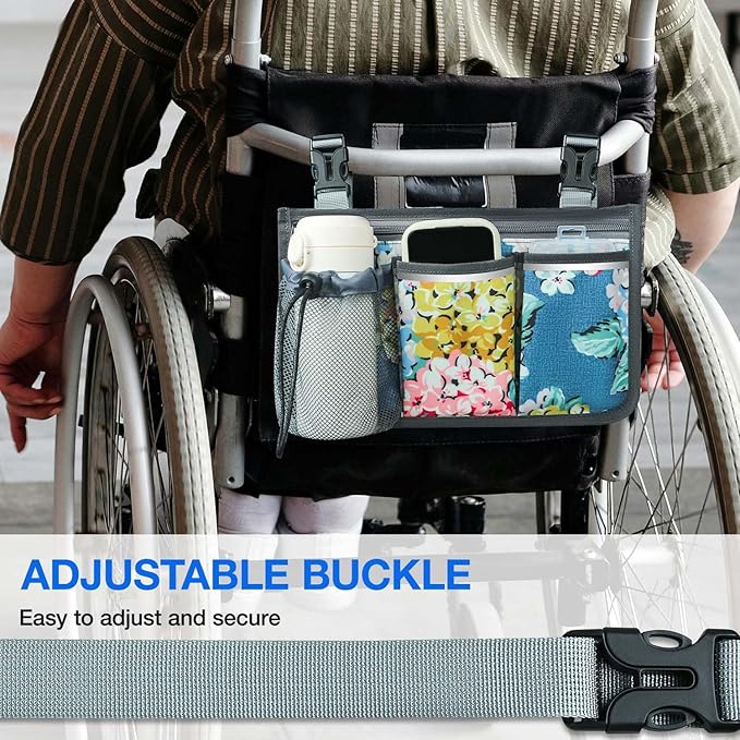 Wheelchair Bag, Walker Bag, Wheelchair Side Bag, Armrest Organizer Pouch with Cup Holder Attachment and Reflective Strip, Accessories for Most Wheelchairs, Walker, Rollators, Blue Flowers