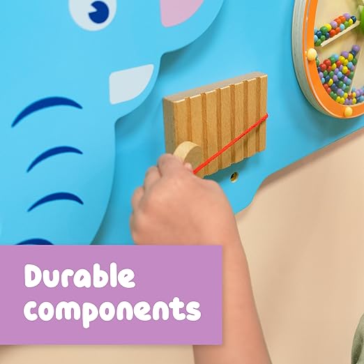 SPARK & WOW Elephant Activity Wall Panel - Ages 18m+ - Montessori Sensory Wall Toy - 3 Activities - Busy Board - Toddler Room Décor