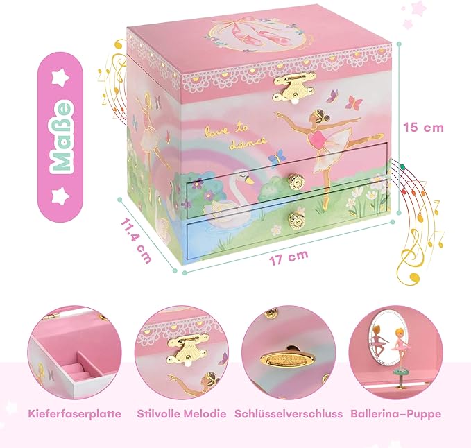 Jewelkeeper Jewelry Box for Girls - Spinning Ballerina Doll to Swan Lake Tune Music Box - Pink Jewelry Box for Girls with 2 Drawers - Ideal for Storing Necklaces and Bracelets - 7Lx5Hx6W Inches
