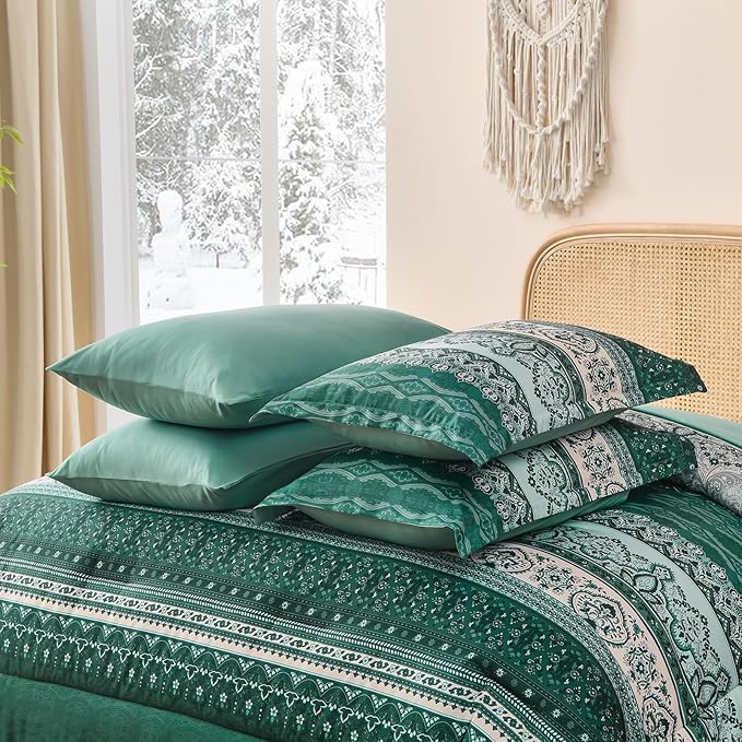 Cottolester Boho Comforter Set King Size,8 Pieces Teal Green Bohemian Striped Bed in a Bag,Paisley Soft Microfiber Bedding Comforter Set