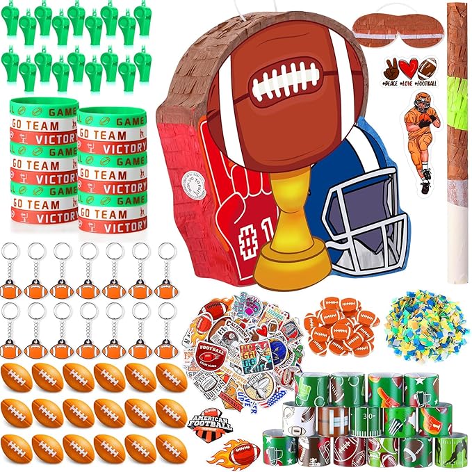 162 Pcs Football Piñata Football Party Favors with Blindfold Confetti Bat Stress Balls Keychains Wristbands Whistles Eraser Slap Bracelet Stickers Sports Piñata Birthday Party Decorations