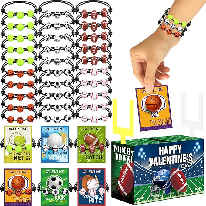 Capoda 36 Pack Valentines Day Sports Gift Set and Valentines Boxes Sports Valentine's Day Cards Adjustable Sport Party Charm Bracelet for Classroom Exchange Prizes Class Party Favors