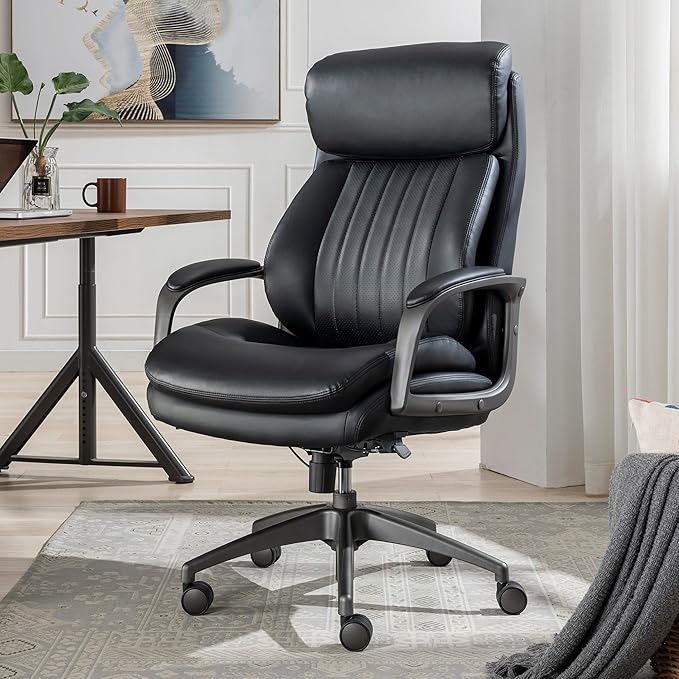 La-Z-Boy Nova Vegan Leather Modern Executive Ergonomic Design Office Chair, Memory Foam Thick Contoured Seat Back with Patented Lumbar Support Technology, Soft to Medium Sit Comfort, Black