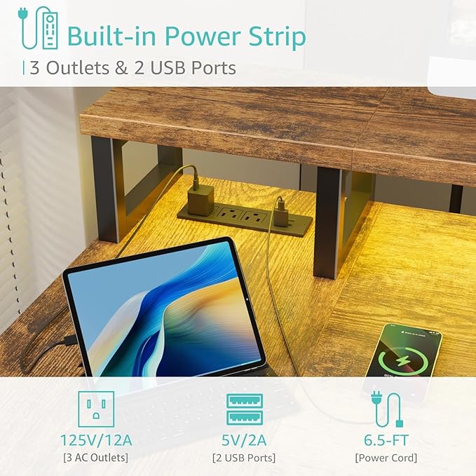 Lufeiya L Shaped Gaming Desk with Led Lights and Power Outlets, 47 Inch Corner Home Office Desk with Monitor Stand Shelves, Writing Study Computer Desks with Fabric Drawers for Bedroom, Rustic Brown