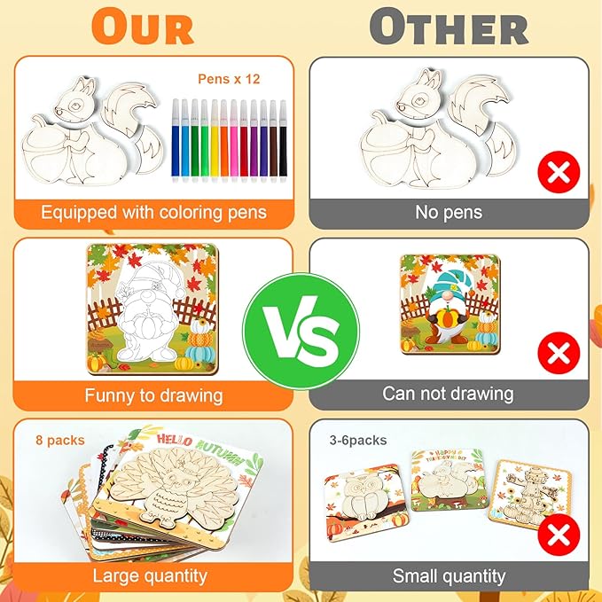 8 Pack Fall Thanksgiving Wooden Puzzles for Toddlers Autumn Puzzles Coloring Craft Kits for Kids Boys Girls Montessori Toys Harvest Party Favors Treat Bag Gifts Educational Learning Jigsaw Puzzle