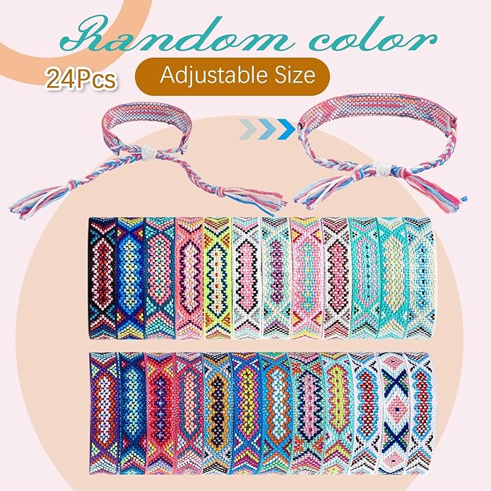 Henoyso 24 Pcs Nepal Woven Friendship Bracelets Adjustable Braided Bracelets Woven Bracelet String Friendship Bracelets with a Sliding Knot Closure for Women