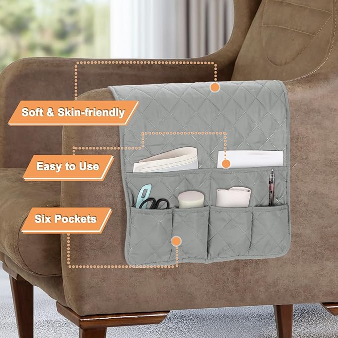 uxcell Couch Sofa Armrest Organizer Non-Slip Chair Arm Recliner Remote Control Organizer with 6 Pockets for Books, Magazines, Tablet, Phone, Plaid Gray