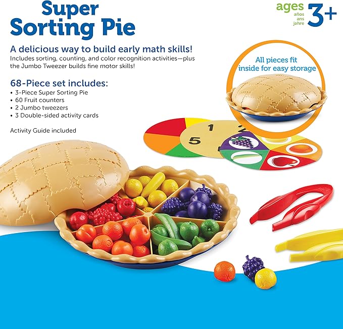 Learning Resources Super Sorting Pie - 68 Pieces, Ages 3+ Toddler Fine Motor Toy, Preschool Learning Games, Develops Counting and Color Recognition, Pretend Play Food, Kids Tweezers