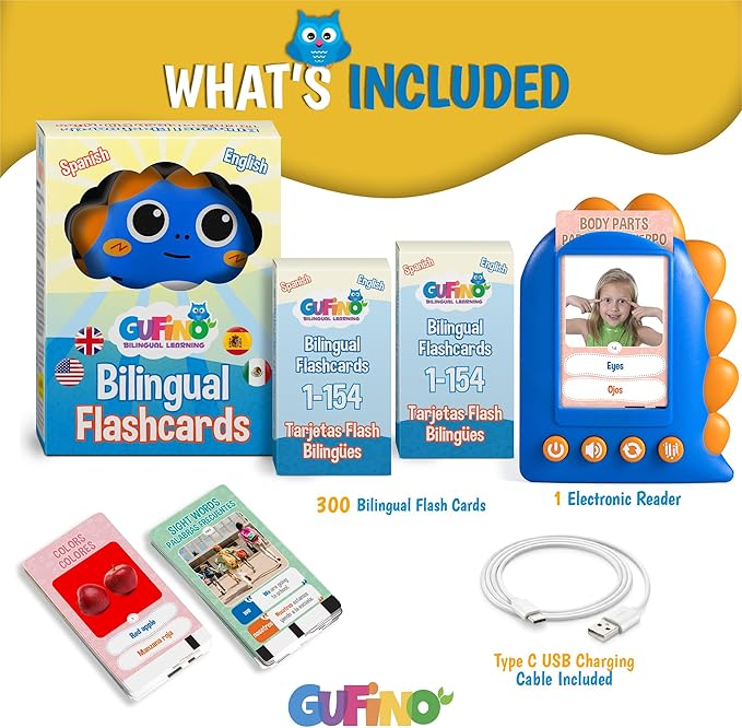GUFINO Talking Flash Cards – 300 Spanish Flashcards for Kids for Cognitive Abilities & Boost Language Development – Learning Games, Blue Toddler Boy Gifts. See and Say Toys for Toddlers