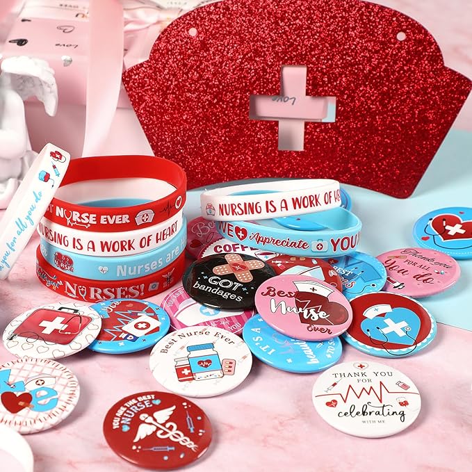64PCS Nurse Party Favors 32pcs Nursing Themed Button Badges Pins and 32pcs Nurse Silicone Bracelets for Nurses Week Medical RN Theme Nurse Graduation Activities Party Decorations