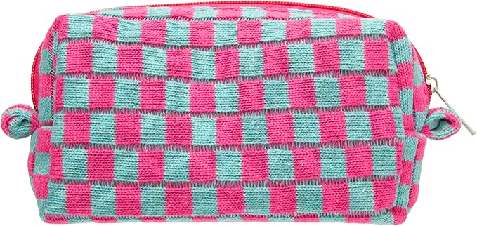 PAZIMIIK Checkered Makeup Bag for Purse Portable Zipper Make Up Pouch Small Cosmetic Case for Travel Accessories Magenta Green