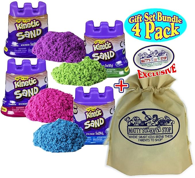 Kinetic Sand Modeling Sand 4.5oz. Containers Pink, Green, Purple & Blue Gift Set Bundle with Bonus Matty's Toy Stop Storage Bag - 4 Pack