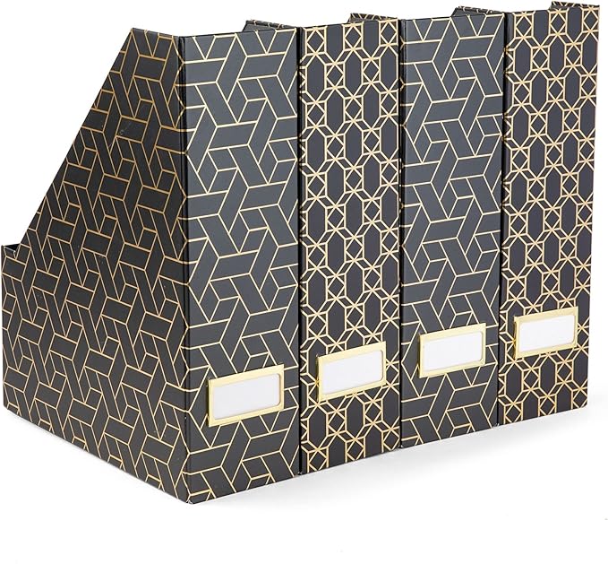 BLU MONACO | Set of 4 Black & Gold Geometric Magazine File Holders with Gold Label Holders | Stylish Vertical File Organizer Boxes for Desk, Bookshelf & Office Storage