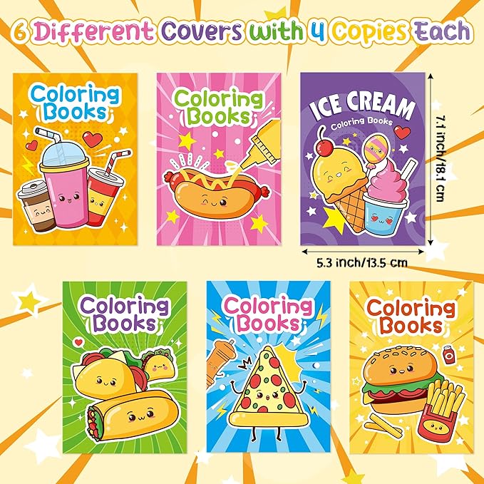 Junk Food Coloring Books for Kids- 24Pcs Bulk Fast Food Mini Coloring Booklet DIY Art Drawing Book with Hot Dogs Pizza Hamburger Coke for Toddlers Birthday Party Favors Goodie Bag Filler