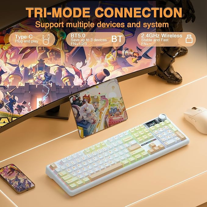 AULA F108 PRO - Wireless Mechanical Keyboard with Screen&Knob,Hot Swappable Gaming Keyboard with 8000mAh Battery,Pre-lubed Switches,RGB Backlit,PBT Keycaps Creamy Sounding Computer Keyboards,104 Keys