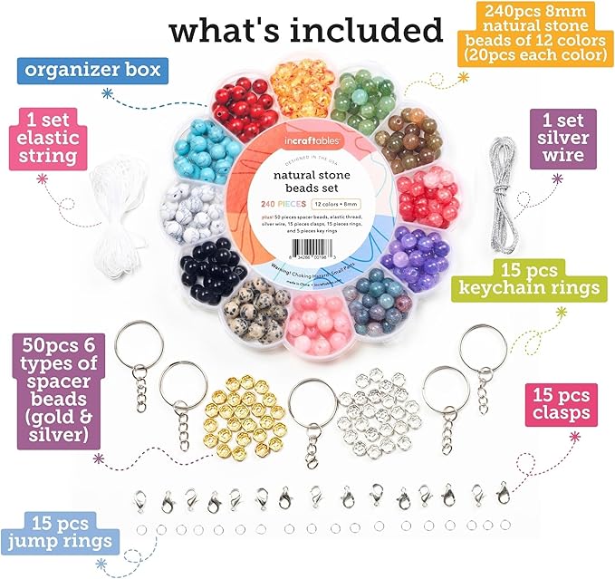 Incraftables Natural Stone Beads 12 Colors 240pcs Set for DIY Jewelry, Necklace & Bracelet Making. Assorted Real Crystal Chakra Bead Kit with Spacer Beads, Elastic String & Organizer