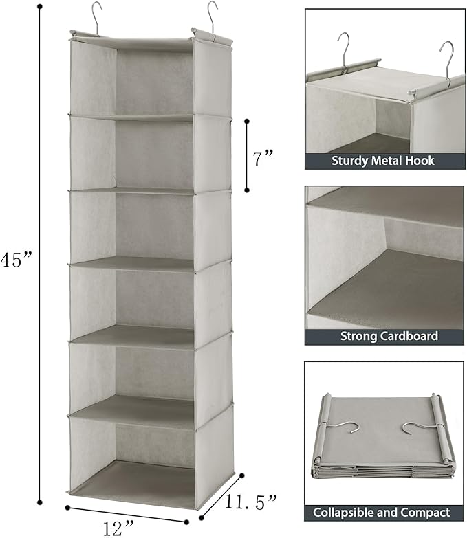 MAX Houser 6 Tier Shelf Hanging Closet Organizer, Closet Hanging Shelf with 2 Sturdy Hooks for Storage,2 Pack, Foldable (Light Grey)