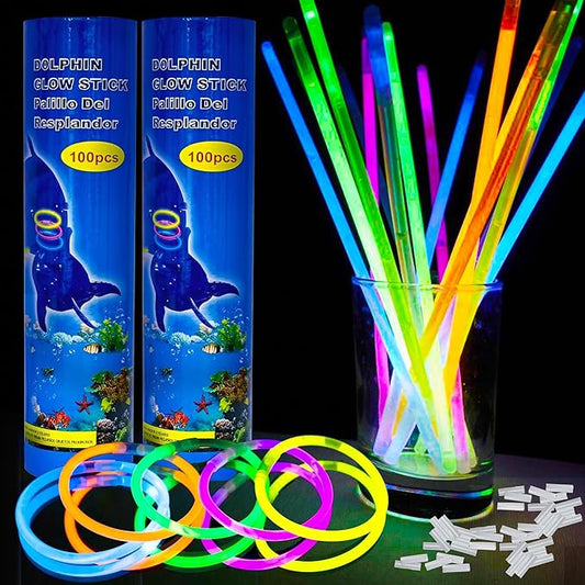 Glow Sticks 200 Bulk Pack - 100 Pcs Per Pack - 12 Hour Glow Stick - 8" Necklace Bracelet and Glasses Party Favors - Thanksgiving and Christmas Party - Outdoor Concerts - Festivals - Nighttime Sport
