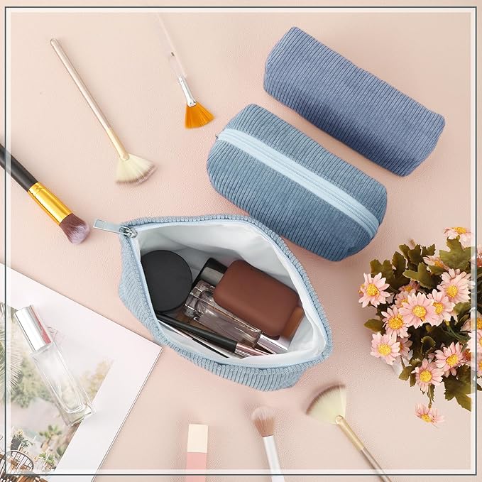 Huhumy 3 Pcs Makeup Bag Set for Women Corduroy Cosmetic Pouch Aesthetic Smile Travel Toiletry Bag Cute Purse Pouch Pencil Case Makeup Brushes Storage Organizer for Valentine(Blue,Gradient)