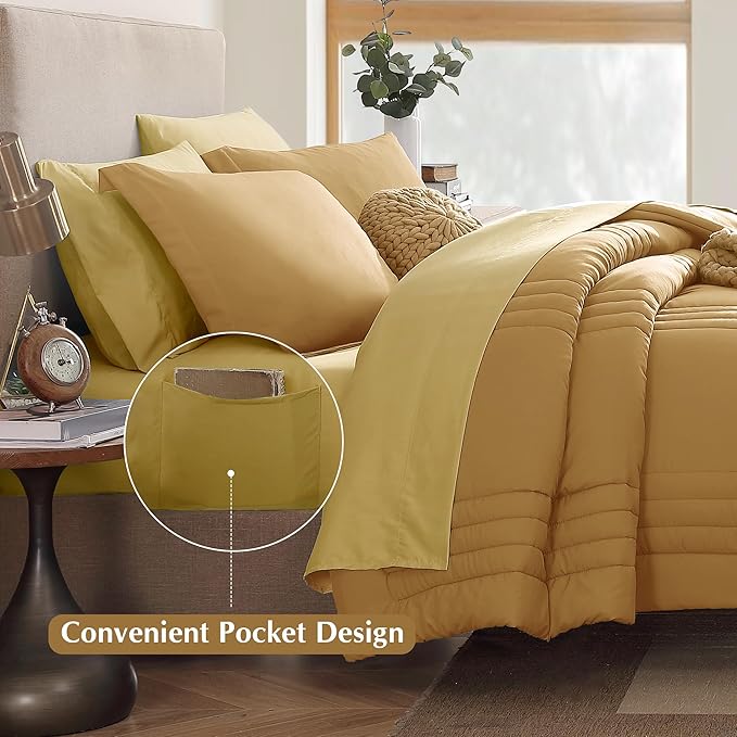 Monbix Queen Comforter Set - 7 Pieces Desert Yellow Bed in a Bag Queen Bedding Sets with Comforters, All Seasons Comforter Bed Set with Sheets, Pillowcases & Shams