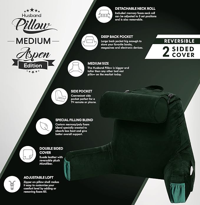 Husband Pillow Medium Aspen Edition Ramona Green, Sit Up Reading & Bed Rest with Arms, Ultra-Comfy, Detach Neck Roll - Premium Shredded Memory Foam Backrest, Reverses to Micro: Suede or Plush
