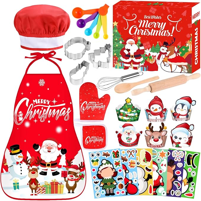 Labeol Christmas Kitchen Kids Cooking Sets Real, 27 PCS Kids Baking Set with Apron, Chef Hats and Oven Mitts for Christmas Dinner Party Baking, Fun Cooking Gifts for Boys Girls