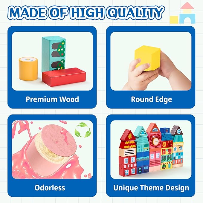 VigorFun 100 PCS Wooden Building Blocks Set - City Builder Stacking Toy with Storage Bag, Montessori Preschool Toys for Kids Toddlers Birthday Gifts Ages 3+