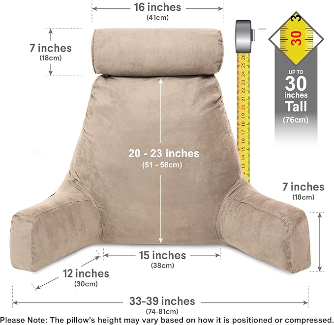 Husband Pillow XXL Aspen Edition, Adult Reading Sit Up Bed Rest Pillow for Bed with Arms & Neck Roll on Bungee Cord - Premium Memory Foam - Reversible 2 Sided Cover Micro Suede or Plush, Cowboy Taupe
